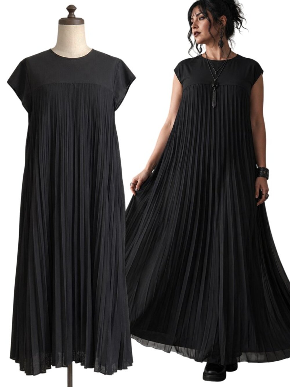 Black Pleated Maxi Dress XXL Gothic Witchy Dark Romantic Cap Sleeve Flowing